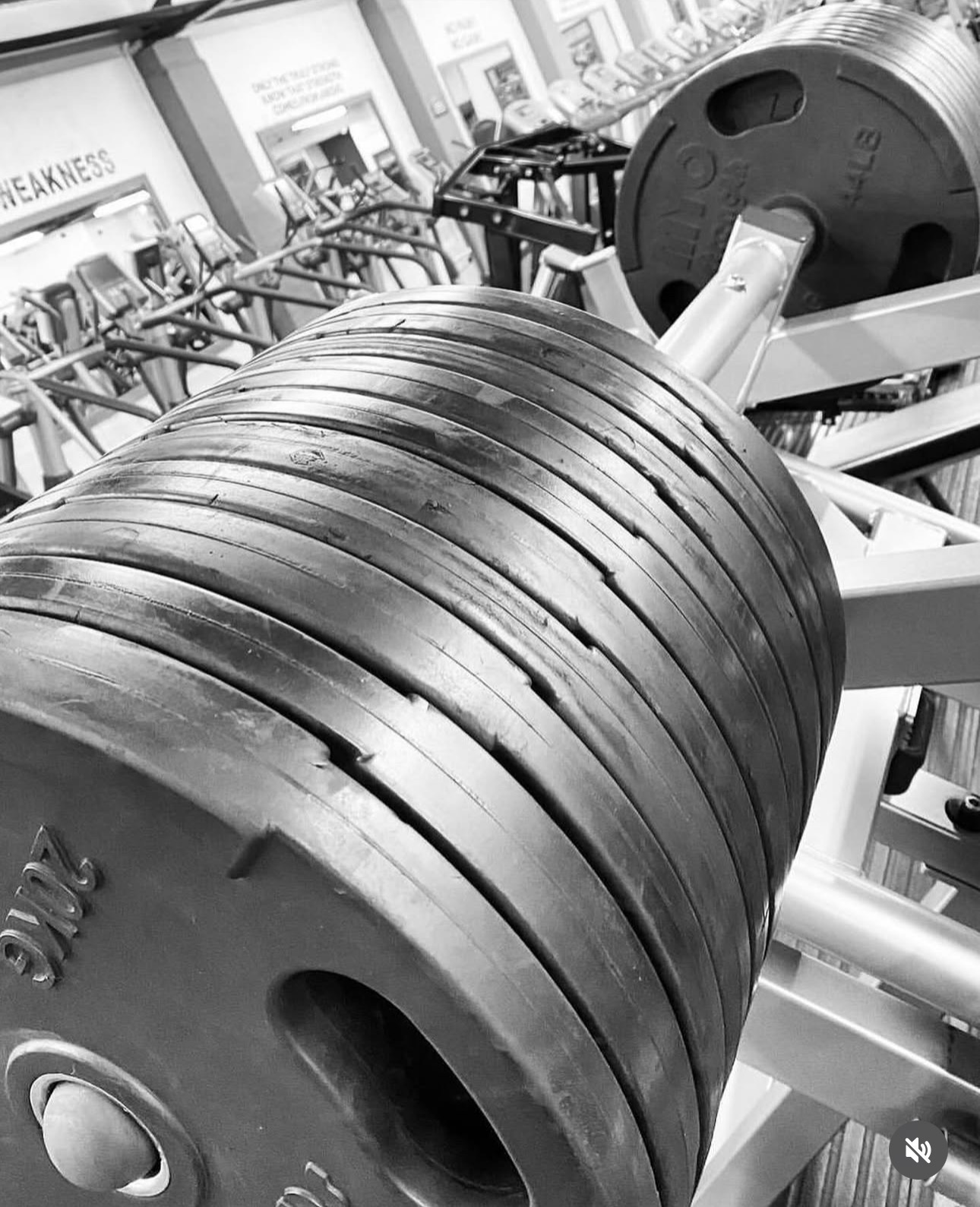 Stacked weight plates loaded on a barbell in a gym, in black and white.